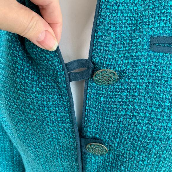 Coldwater Creek Sz 8P Jacket Blazer Teal Blue Tweed Faux Suede Trim Button Front - Picture 5 of 11
